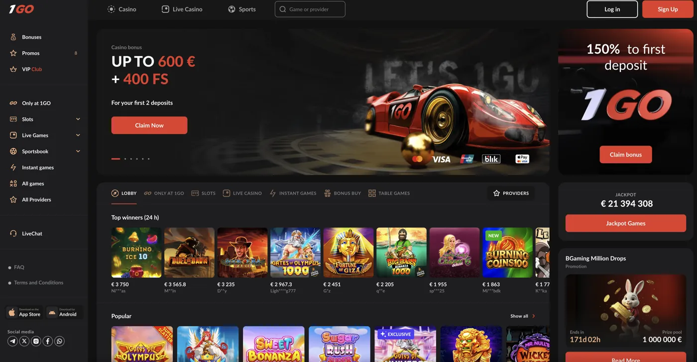 1GO Casino — homepage & lobby
