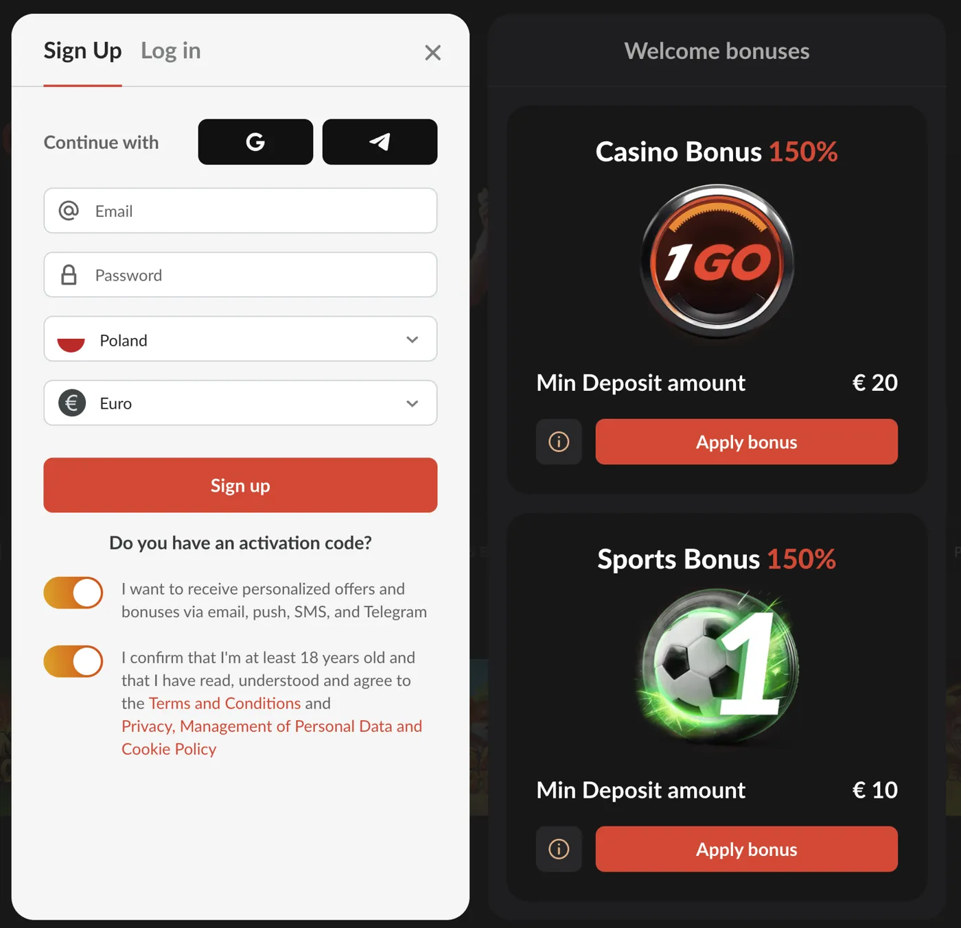 1GO Casino — registration