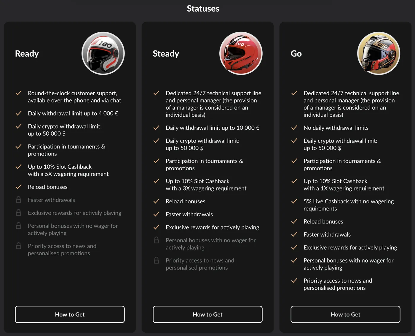 1GO Casino — vip status ladder