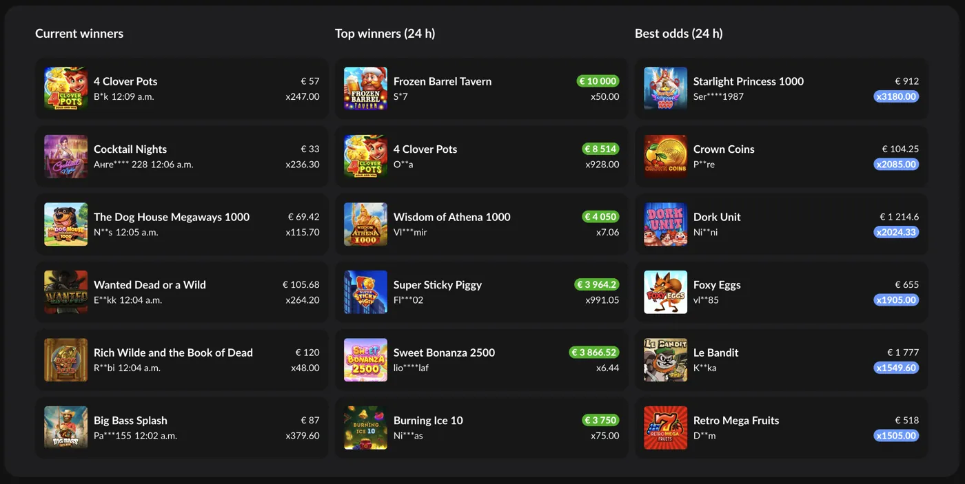 1GO Casino — live winners feed