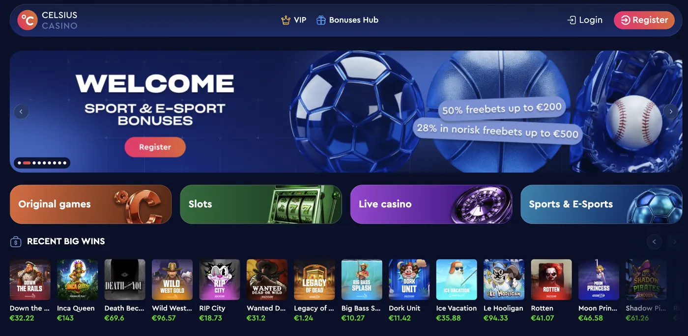 Celsius Casino — homepage & lobby