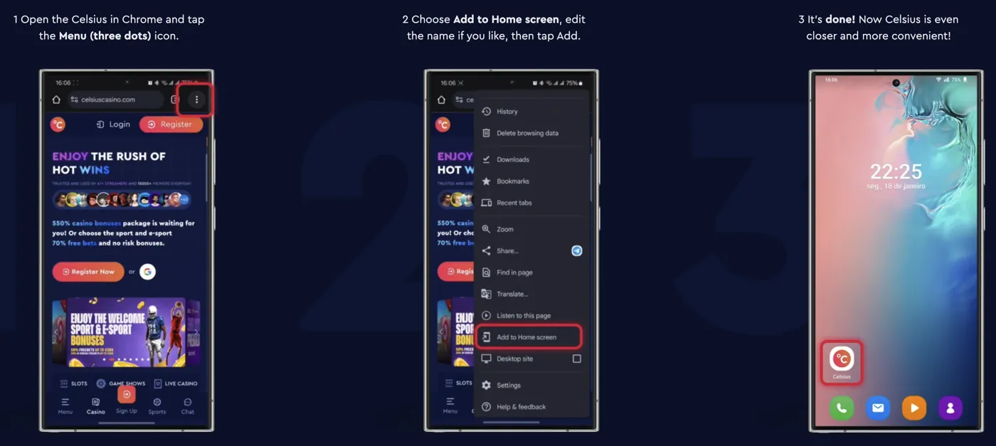 Celsius Casino — add to home screen