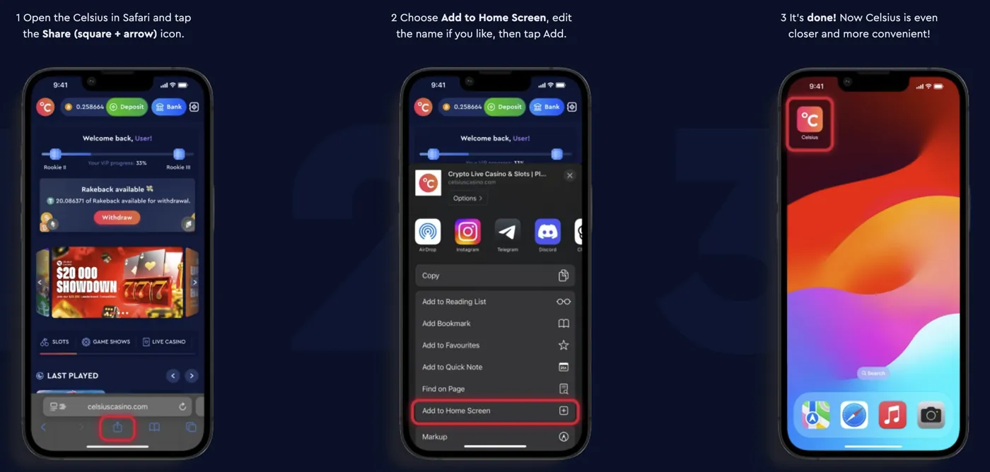 Celsius Casino — mobile web app
