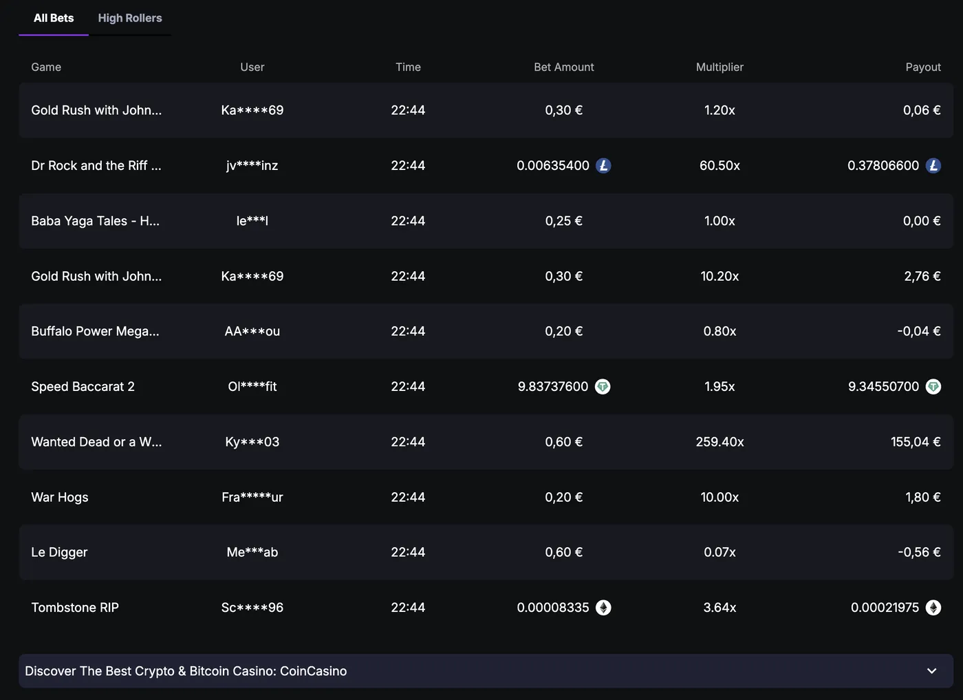 CoinCasino — live bets & high rollers