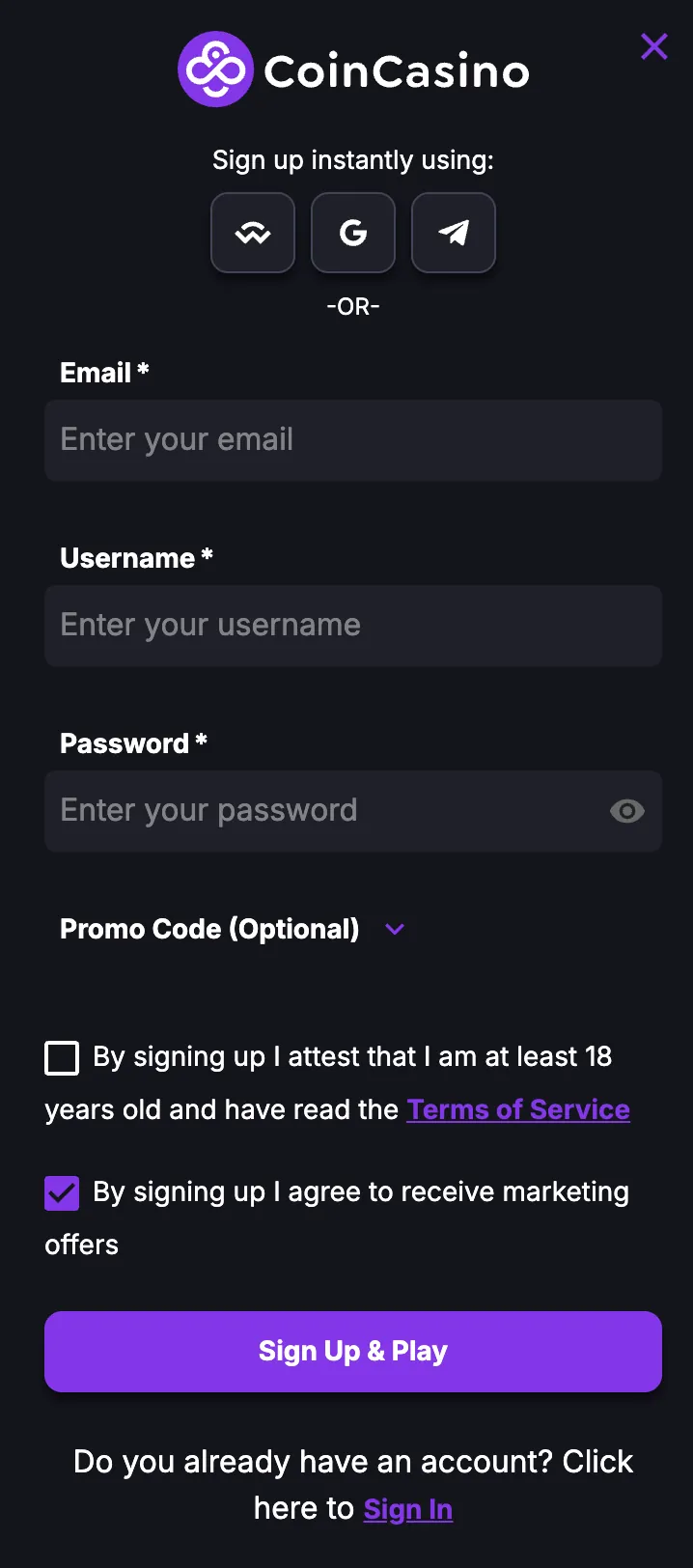 CoinCasino — instant sign-up form