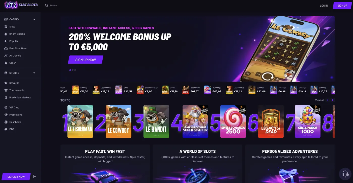 FastSlots Casino — game lobby & Top 10
