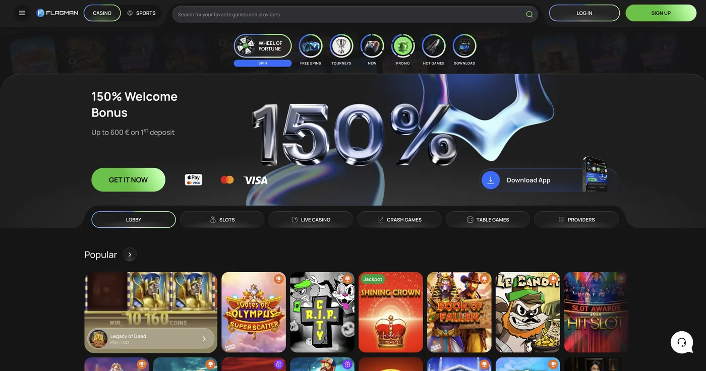 Flagman Casino — game lobby & 150% welcome banner