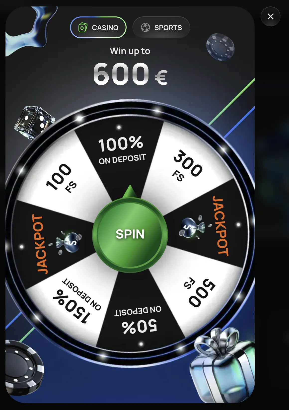 Flagman Casino — welcome bonus wheel (up to 600€)