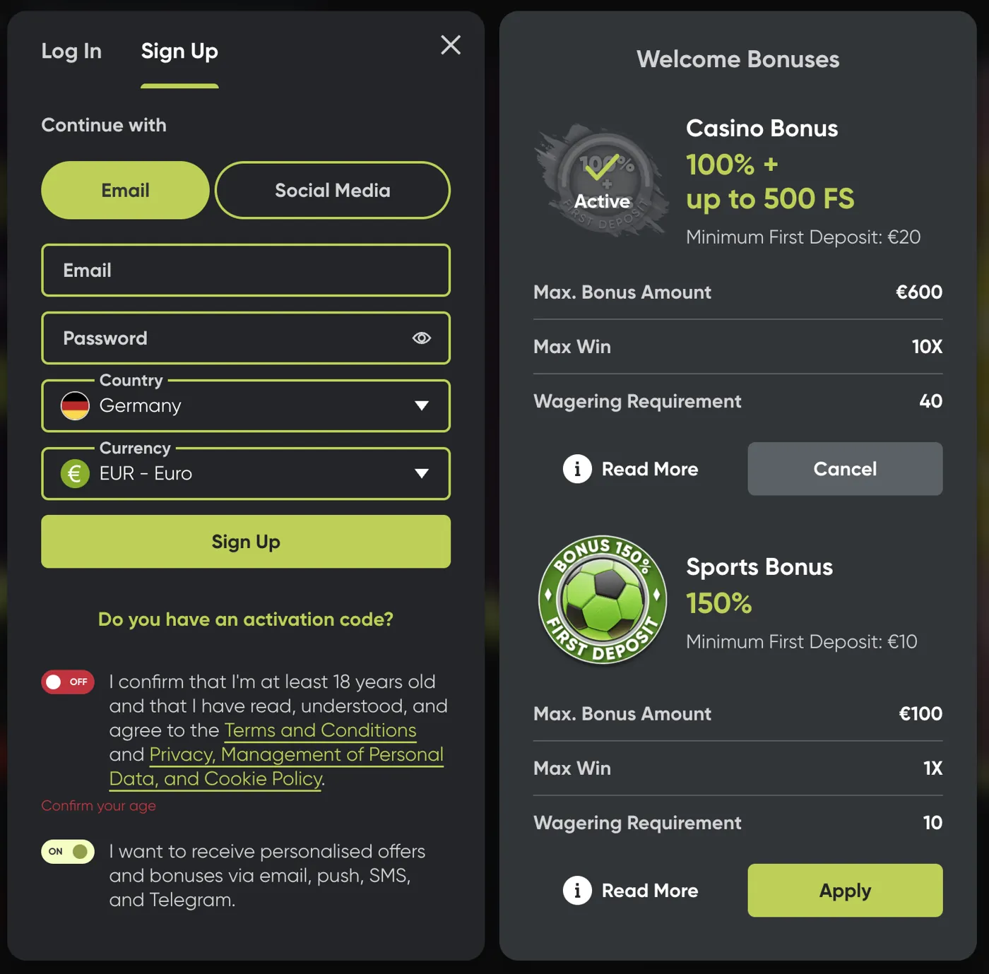 Fresh Casino — registration