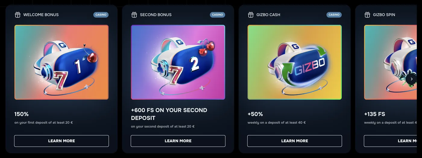 Gizbo Casino — welcome bonus stages