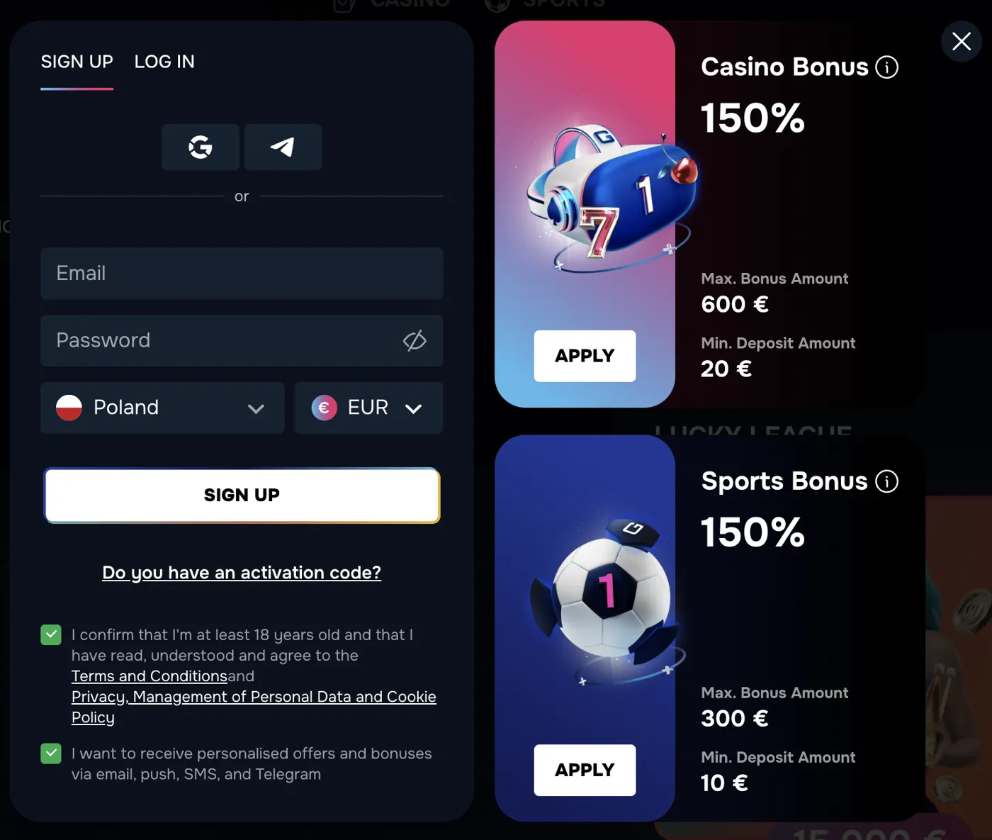 Gizbo Casino — registration form