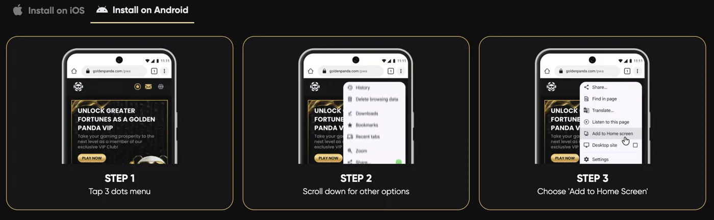 Golden Panda Casino — add to home screen on Android