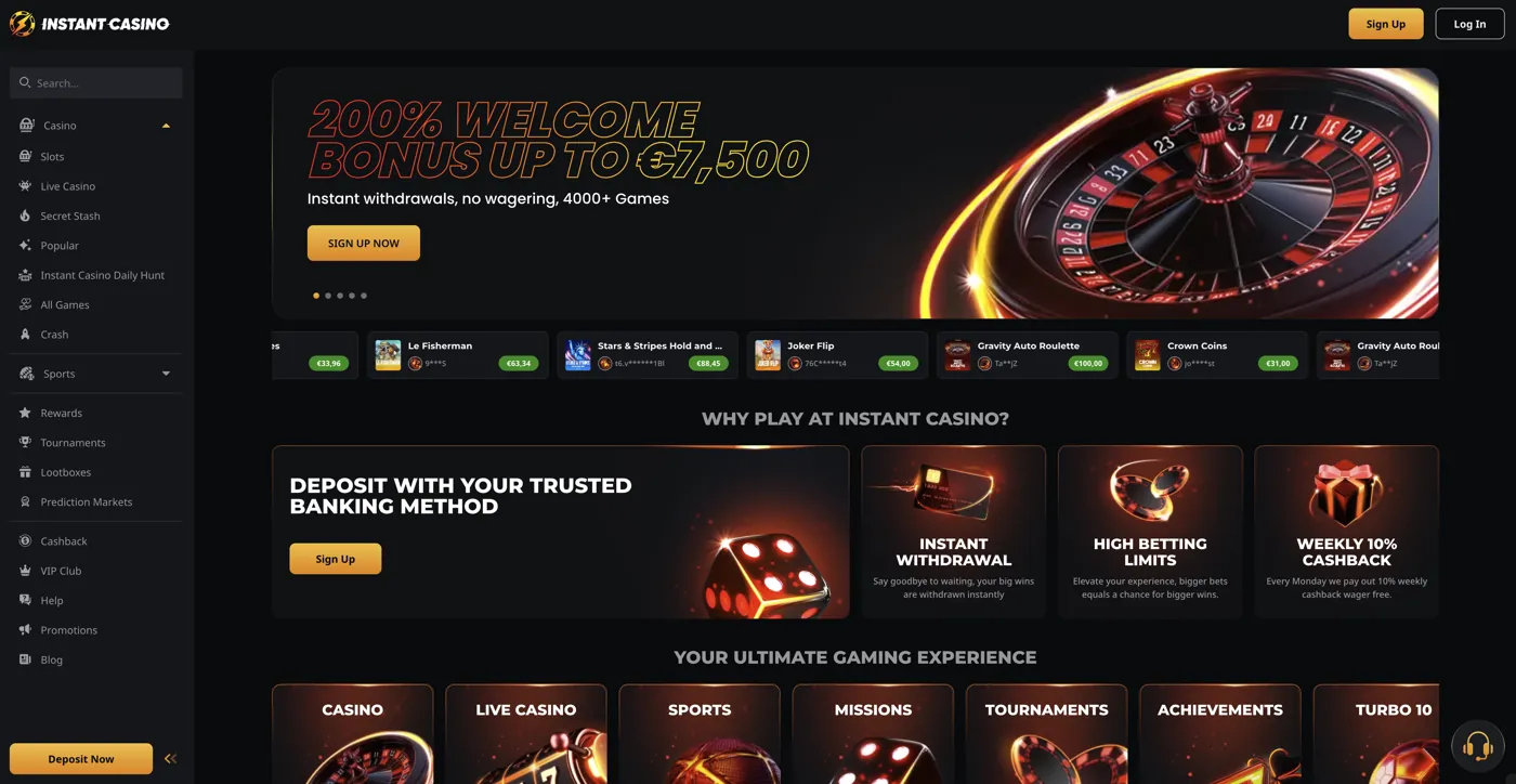 Instant Casino — welcome bonus (200%)