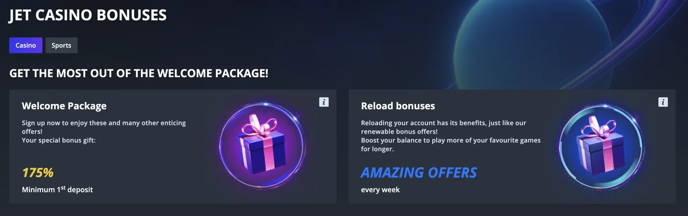 Jet Casino — welcome & reload bonuses