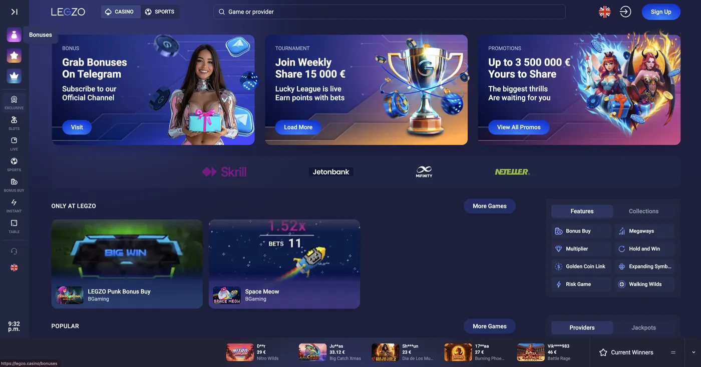 Legzo Casino — game lobby and featured titles