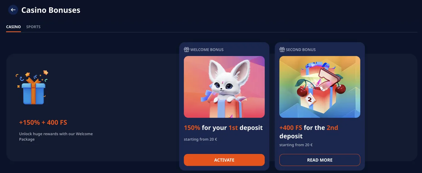 Monro Casino — welcome bonuses