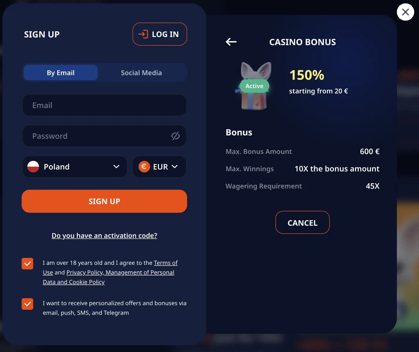 Monro Casino — registration form