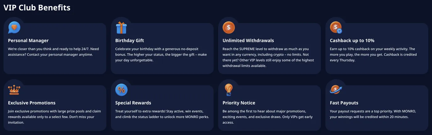 Monro Casino — vip club benefits