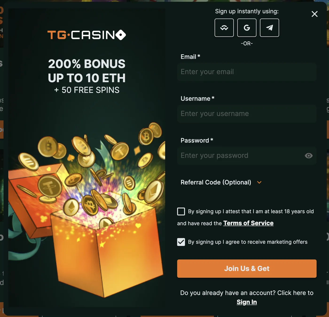 TG.Casino — instant signup