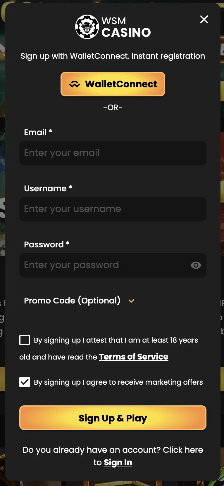 WSM Casino — registration