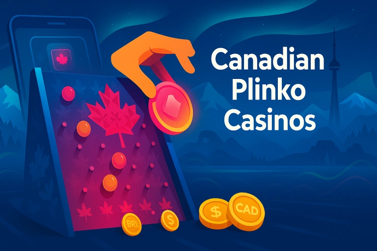 Plinko chips falling on a board with Canadian maple leaf elements